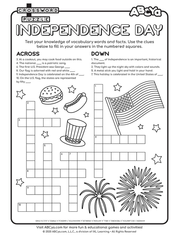 Crossword Puzzle Independence Day ABCya 