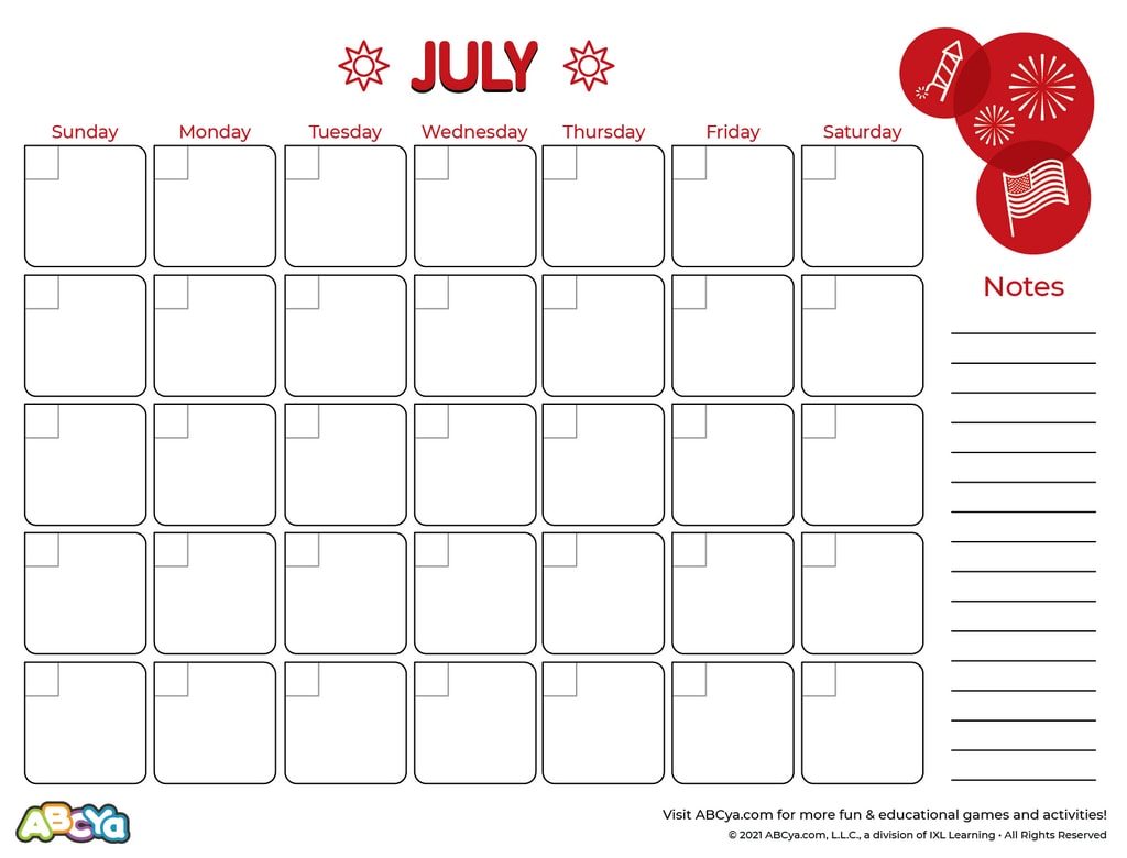Calendar - July • ABCya!