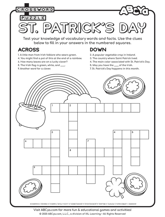 Crossword Puzzle St Patrick #39 s Day • ABCya